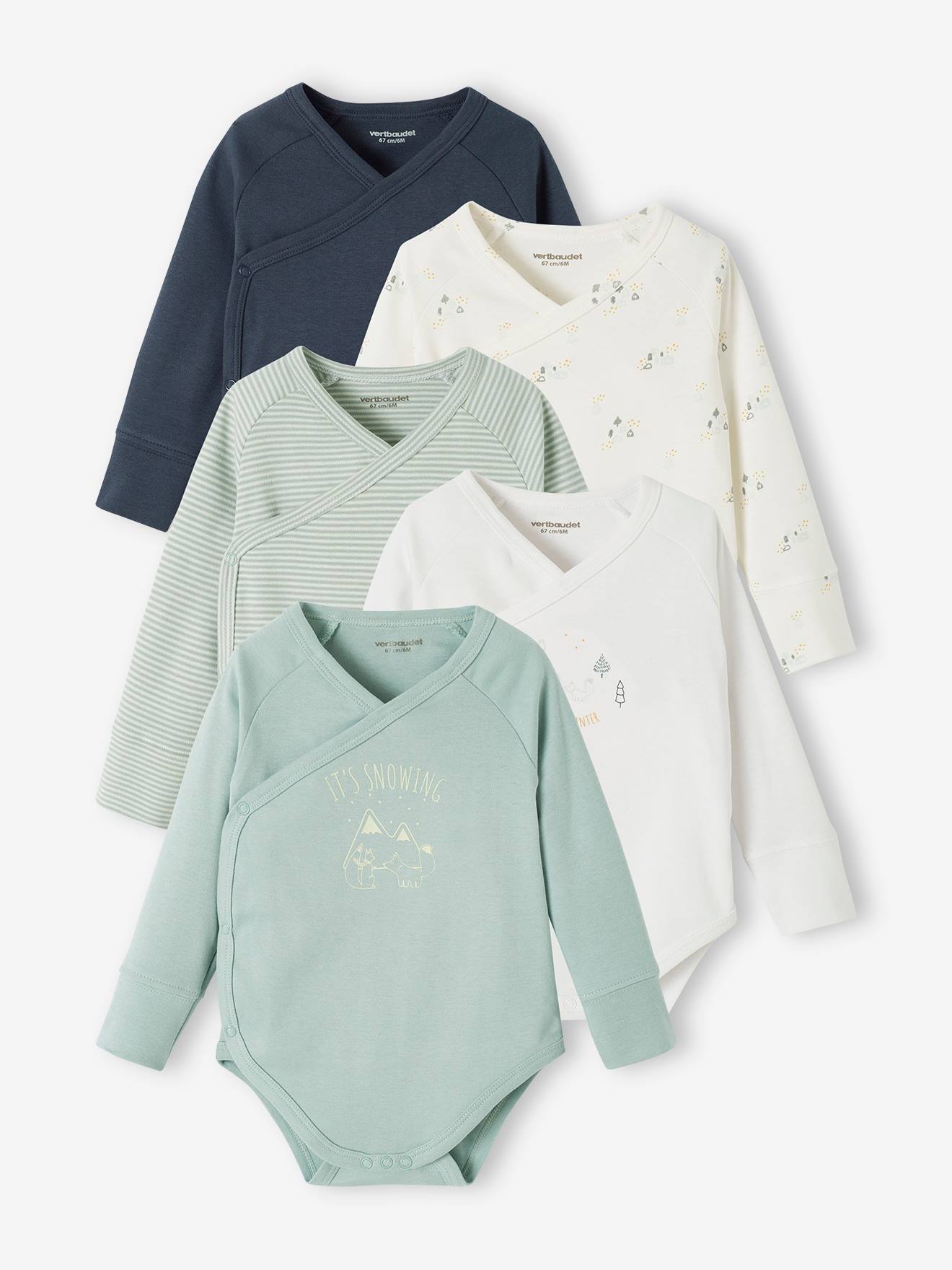Conjunto de 5 bodies ajustáveis para recém-nascidos com abertura, azul-acinzentado.
