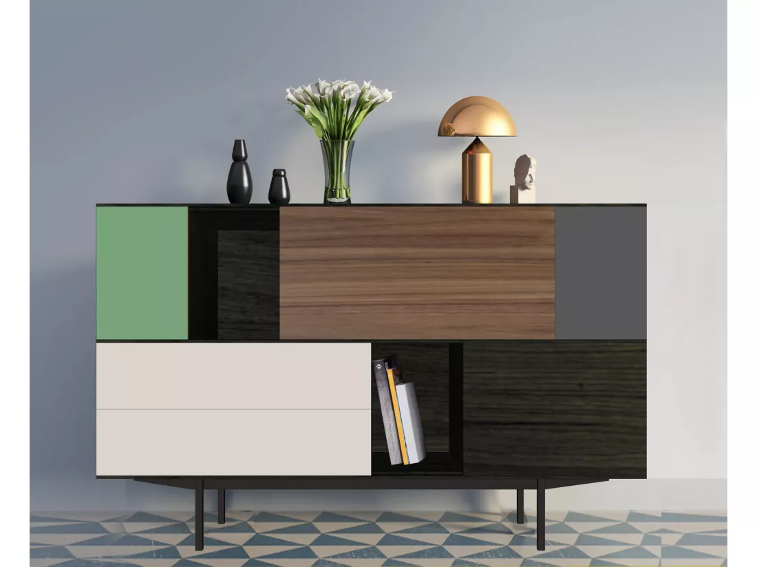 Vaisselier chêne wengé noir, noyer et laqué, 3 portes, 1 abattant, 2 tiroirs - 180L x 46P