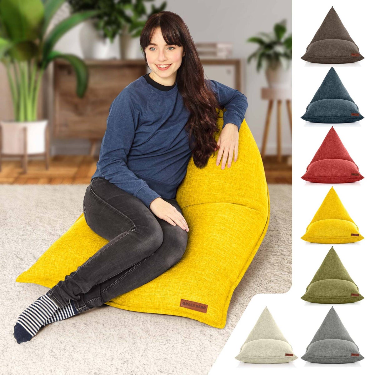 Green Bean Triangle Zitzak 150x100x100cm met 220 liter EPS-korrelvulling - Knuffelzacht en wasbaar - Binnenkussen van stof voor op de vloer, ligstoel en zitkussen - Geel