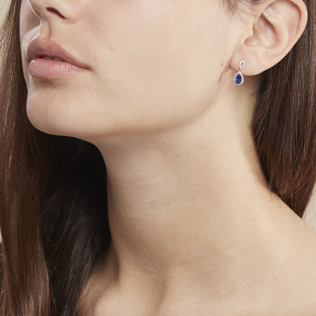 Boucles D'oreilles Puces Sissi Or Blanc Saphir Et Diamant