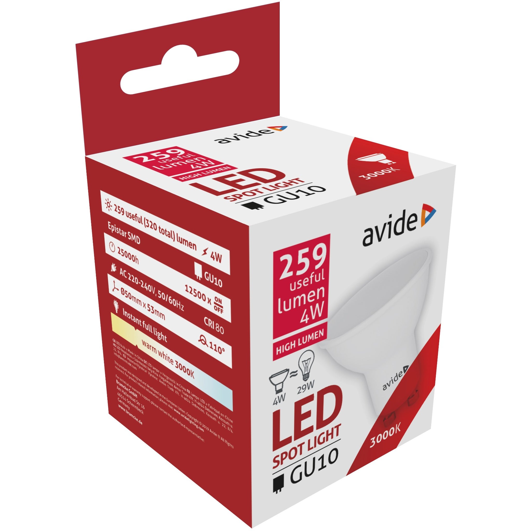 Avide LED Spot Alu+plastic 4W GU10 WW 110°