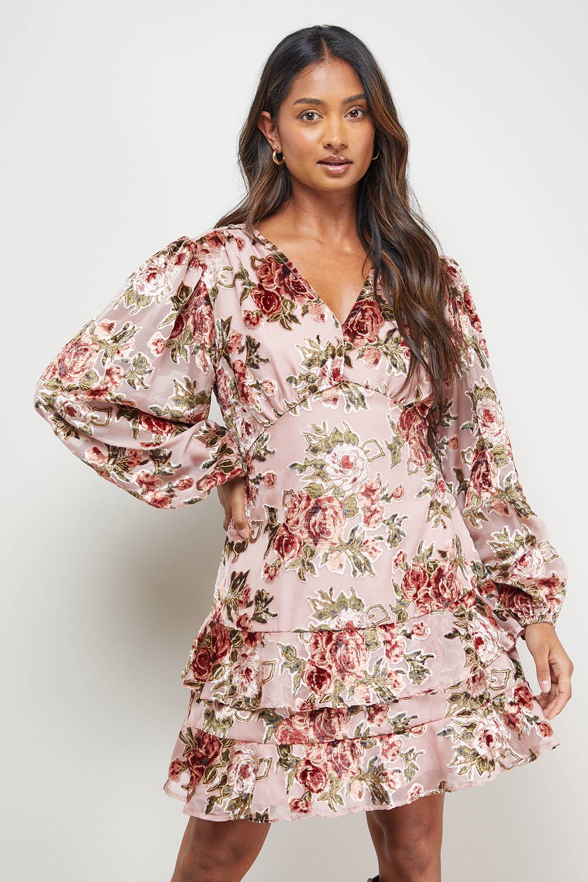 Oasis Robe Courte Dévoré à Manches Bouffantes Étagées Style Tea Dress