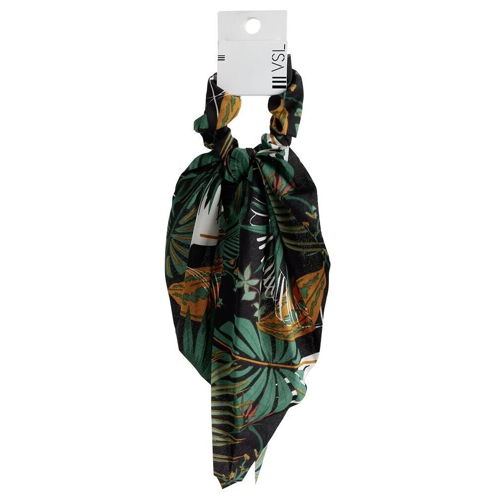 Chouchou foulard noir motif tropical vert et orange