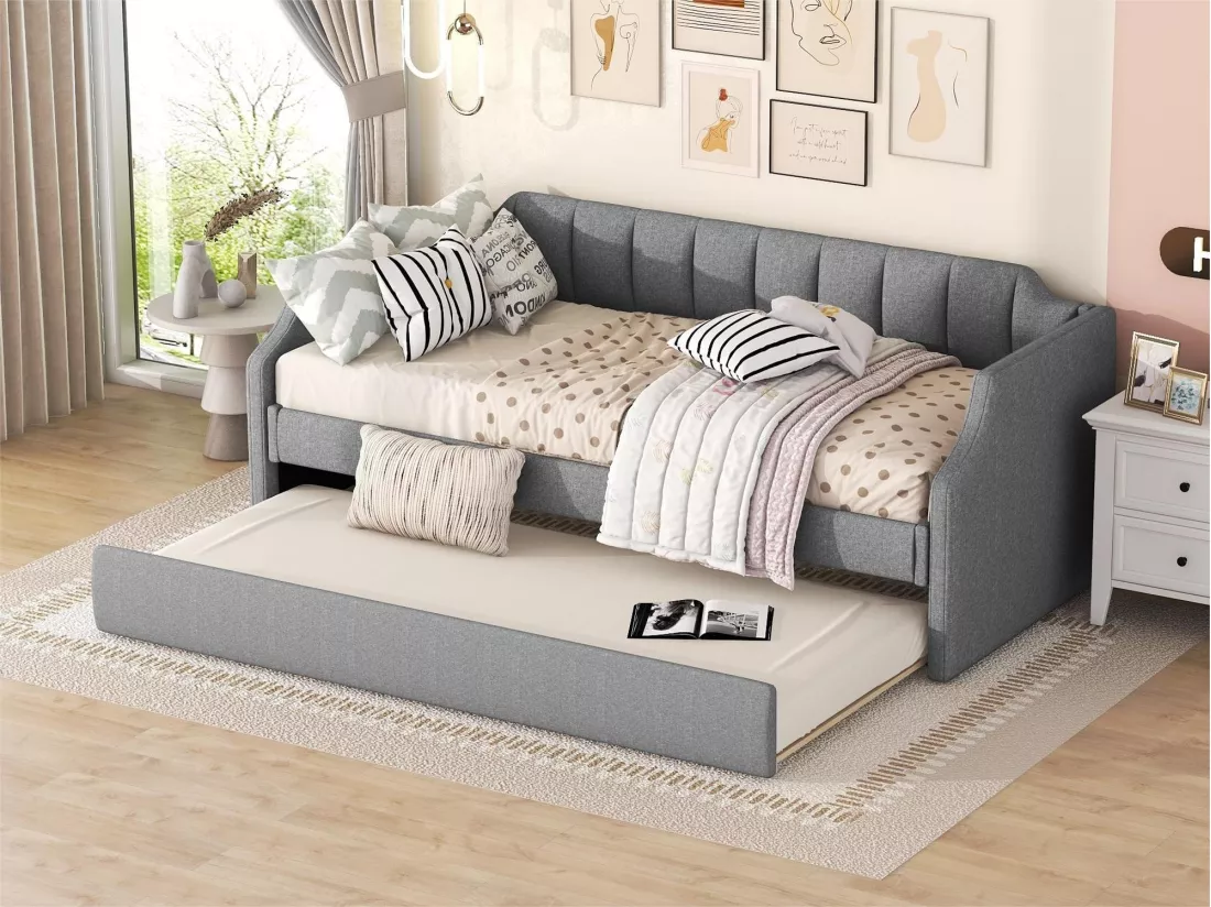 Lit gigogne 90 x 200 cm et 90 x 190 cm - tissu lin - sommier à lattes - coloris gris