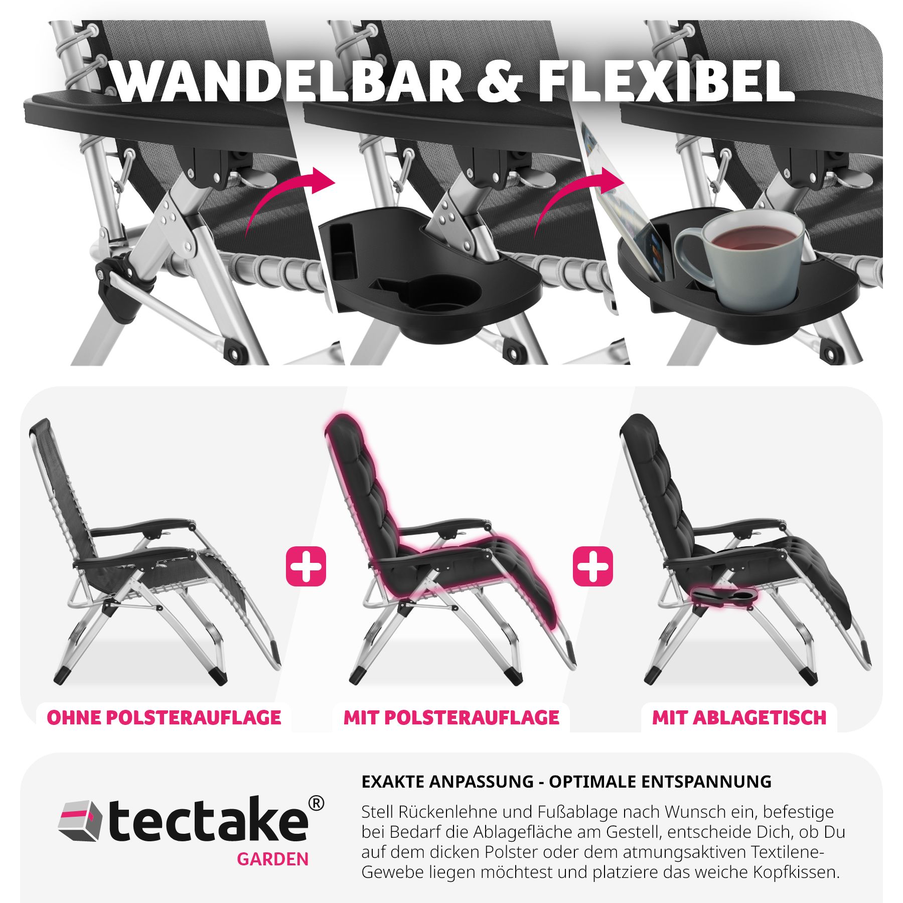 tectake® Sonnenliege, klappbar, abnehmbares Sitz- und Kopfpolster, 84 x 168 x 82,5 cm, mit Ablagetisch