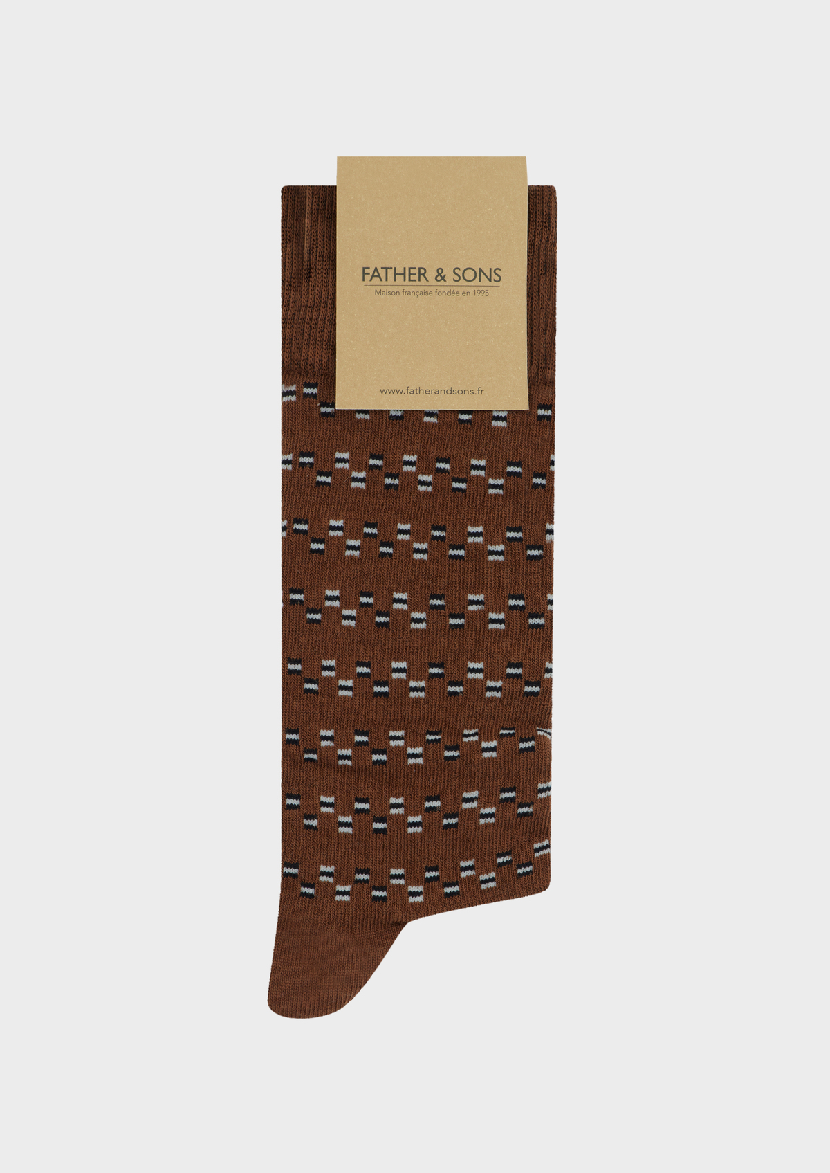 Chaussettes en coton bio mélangé marron à motif fantaisie gris et noir