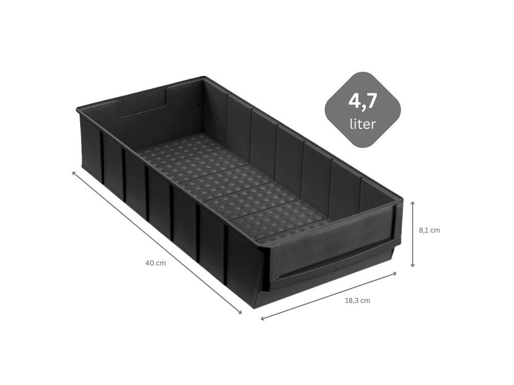 PROREGAL Geleidende industriële doos 400 B HxBxD 8,1 x 18,3 x 40 cm 4,7 liter ESD-opbergdoos Assortimentsdoos Kleine onderdelendoos