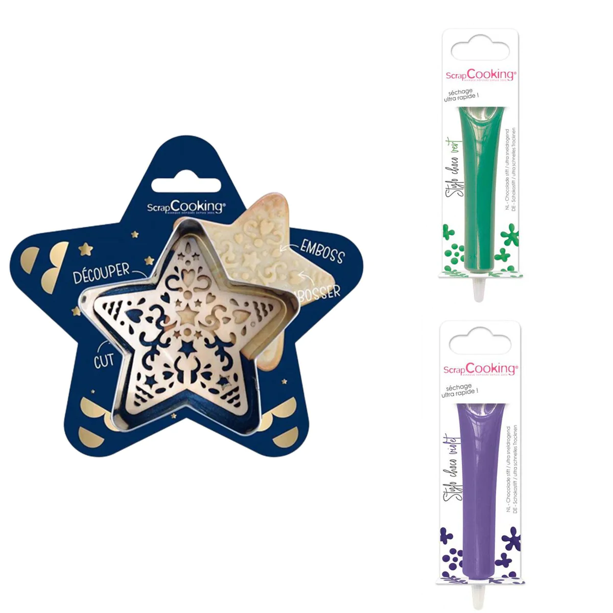 Kit pour biscuit en relief Étoile + 2 Stylos au chocolat vert et viole
