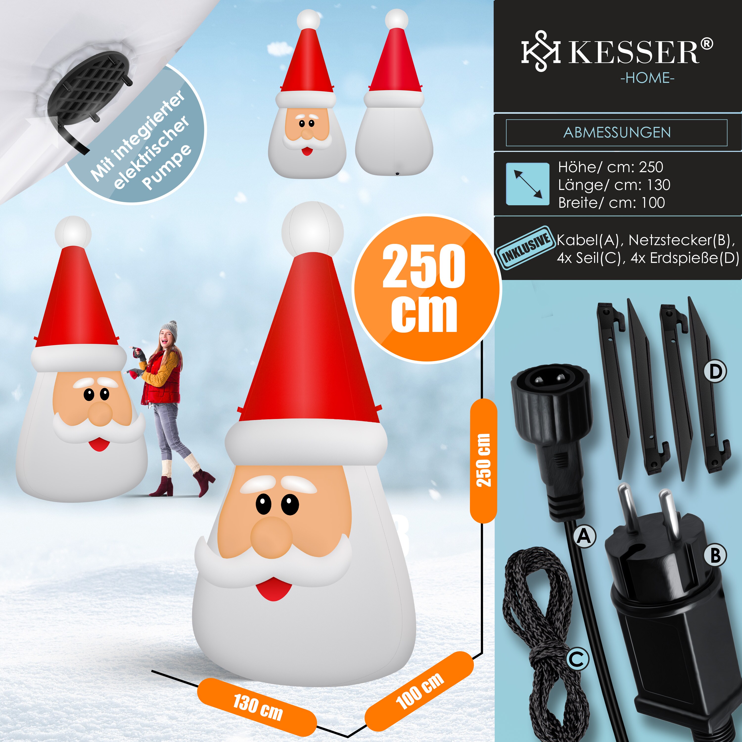 KESSER® Aufblasbare Weihnachtsdeko Premium LED-Beleuchtung, beleuchtete Weihnachtsfigur, IP44 wasserabweisend für Innen- & Außenbereiche, integriertes Gebläse Befestigungsmaterial