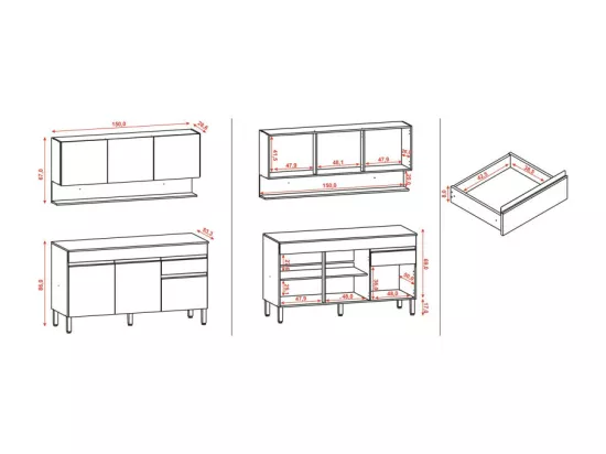 Cuisine Equipée 6 Portes 1 Tiroir Chêne et Blanc L 150 H 200 P 53.3 cm