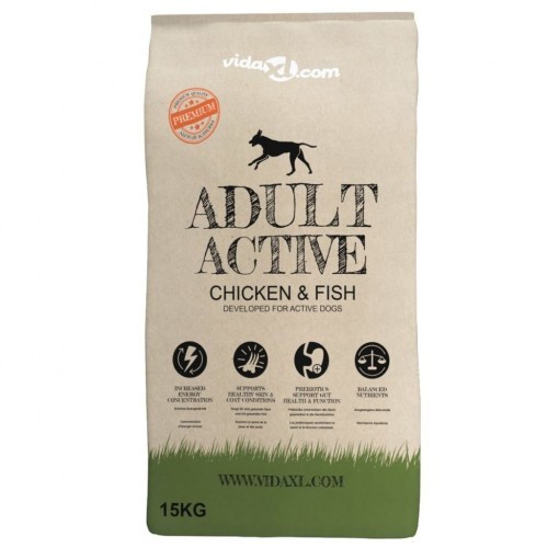 Ração seca premium para cães adultos ativos, sabor frango e peixe.