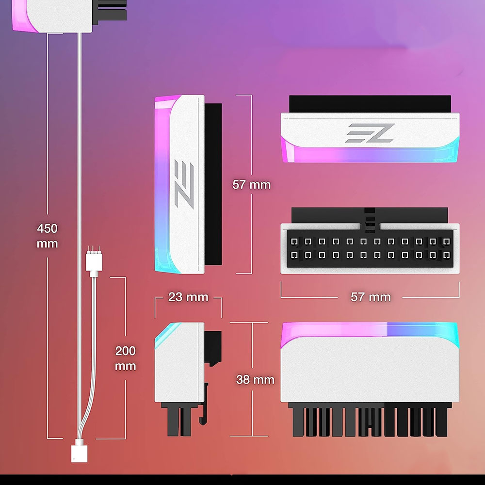 ATX 24-Pin 90 Grad Winkel Stecker Adapter Stromanschluss mit ARGB für Motherboard / Mainboard - Weiss