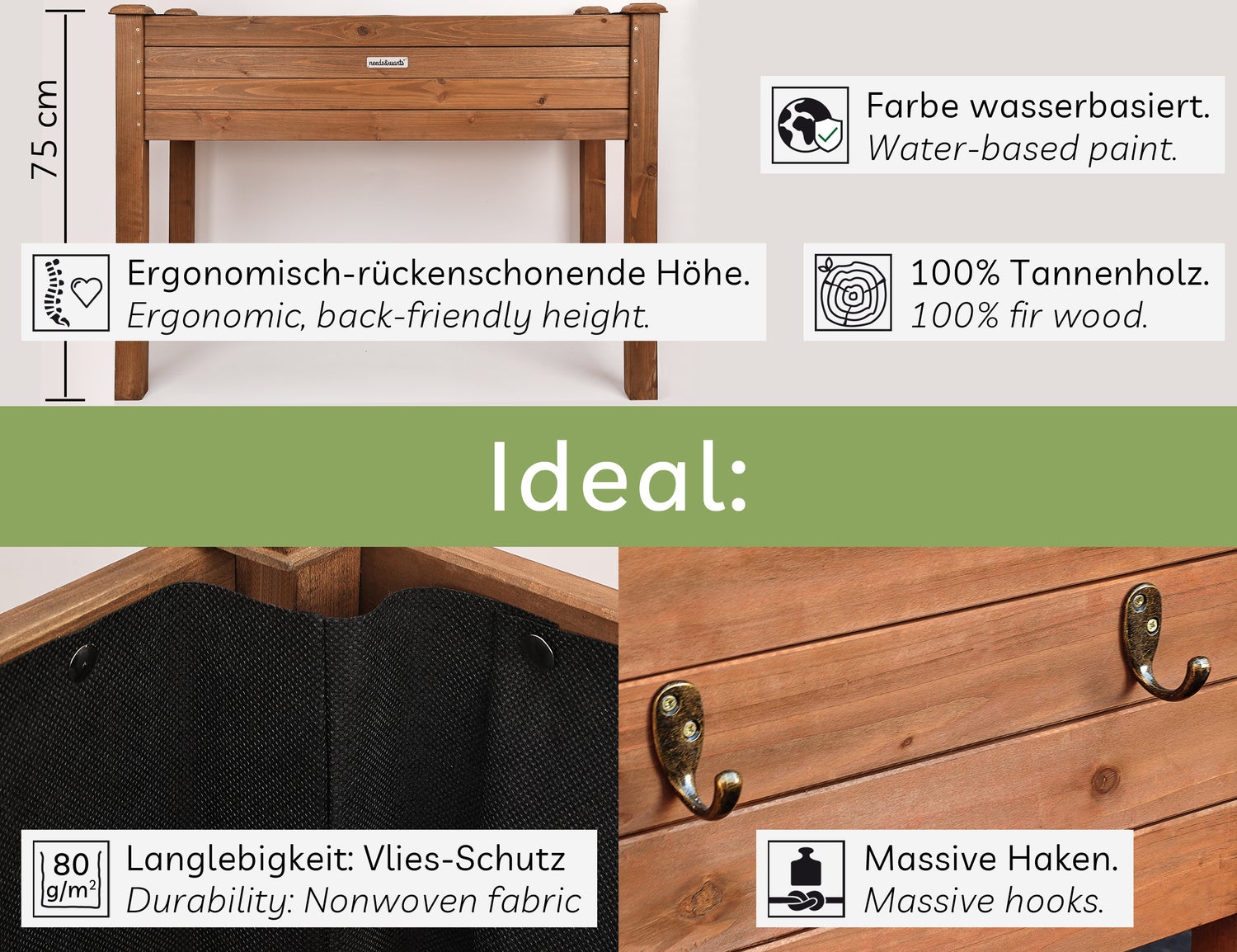 needs&wants® Houten verhoogde tuinbak voor tuin, balkon, terras, rechthoekige smalle plantenbakset met fleecevoering, kruidenbak, decoratief, 100 x 50 x 75 cm, donkerbruin
