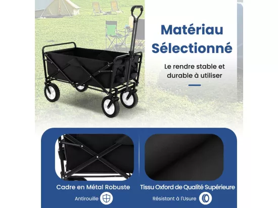 Chariot de Plage Pliable 82 L, Chariot de Transport avec Poignée Réglable et Porte-Boissons Charge 68 kg, Chariot Utilitaire Extérieur pour Jardin Camping Pêche (Noir)