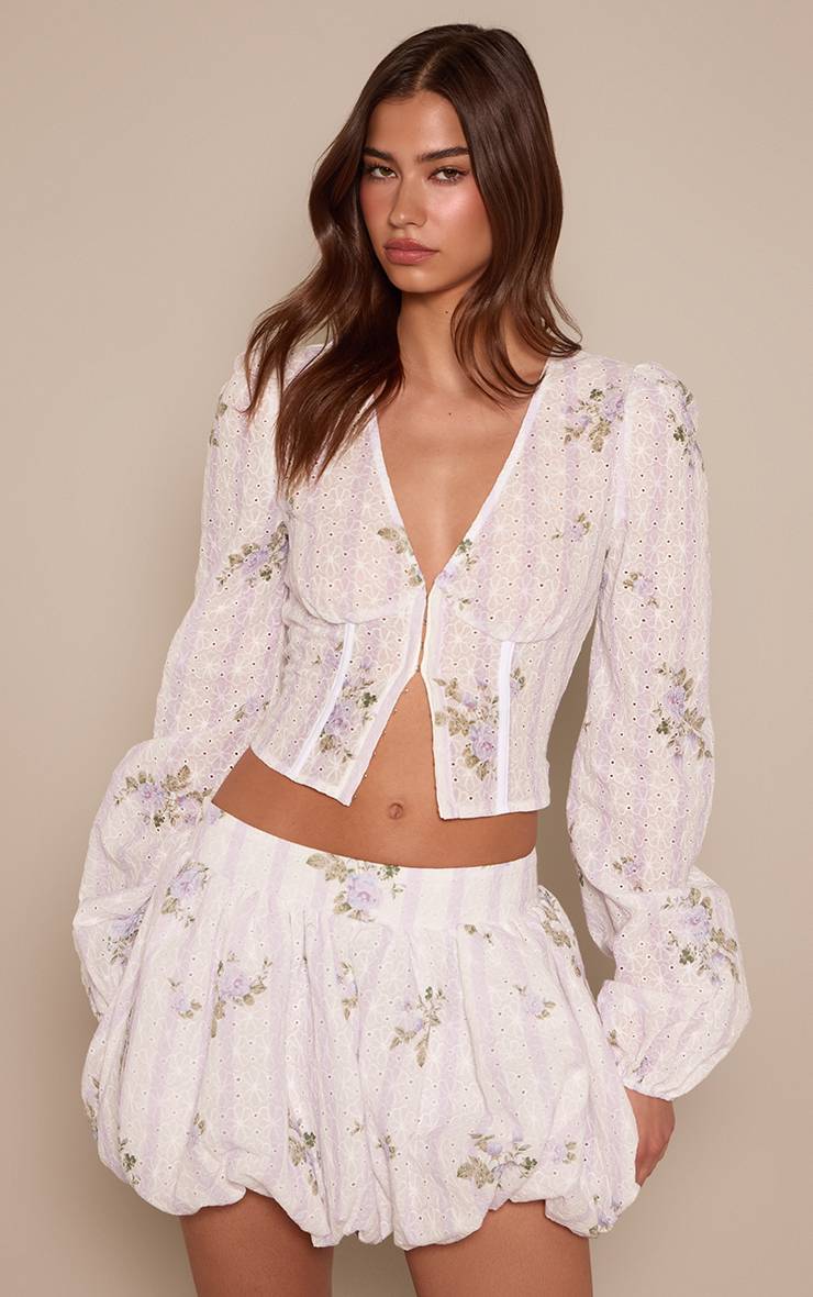 Lilas Ensemble Coordonné Jupe Bouffante Imprimée Florale Brodée