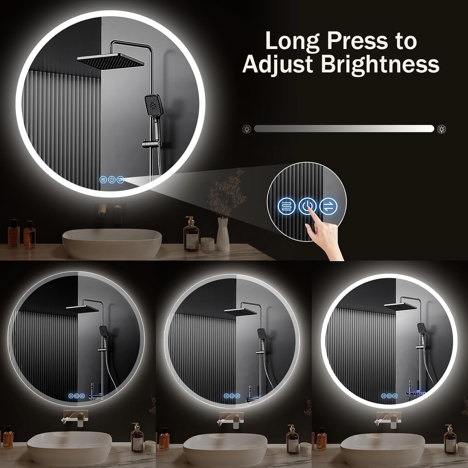 Badspiegel mit Beleuchtung Rund 100cm, LED-Badezimmerspiegel mit Touch-Schalter, Antibeschlag, 3 stufenlos dimmbare Lichtfarben, IP65, HD-Hartglas, Doppelter Lichtring
