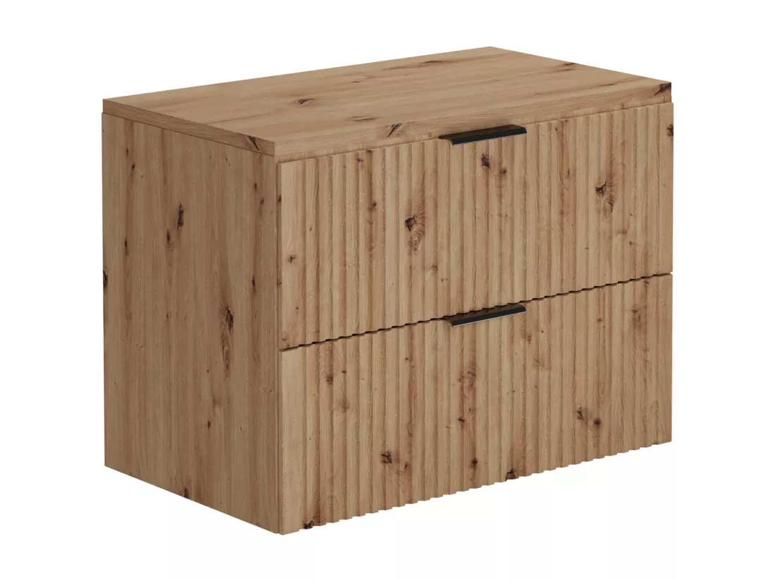 Meuble de salle de bain suspendu strié avec vasque à poser et colonne - Naturel clair - 80 cm - ZEVARA