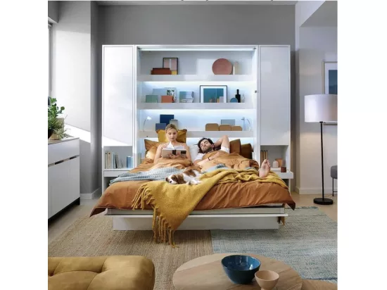 Lit escamotable horizontal avec étagères blanc mat Noby 90x200-Avec Led sans veilleuses