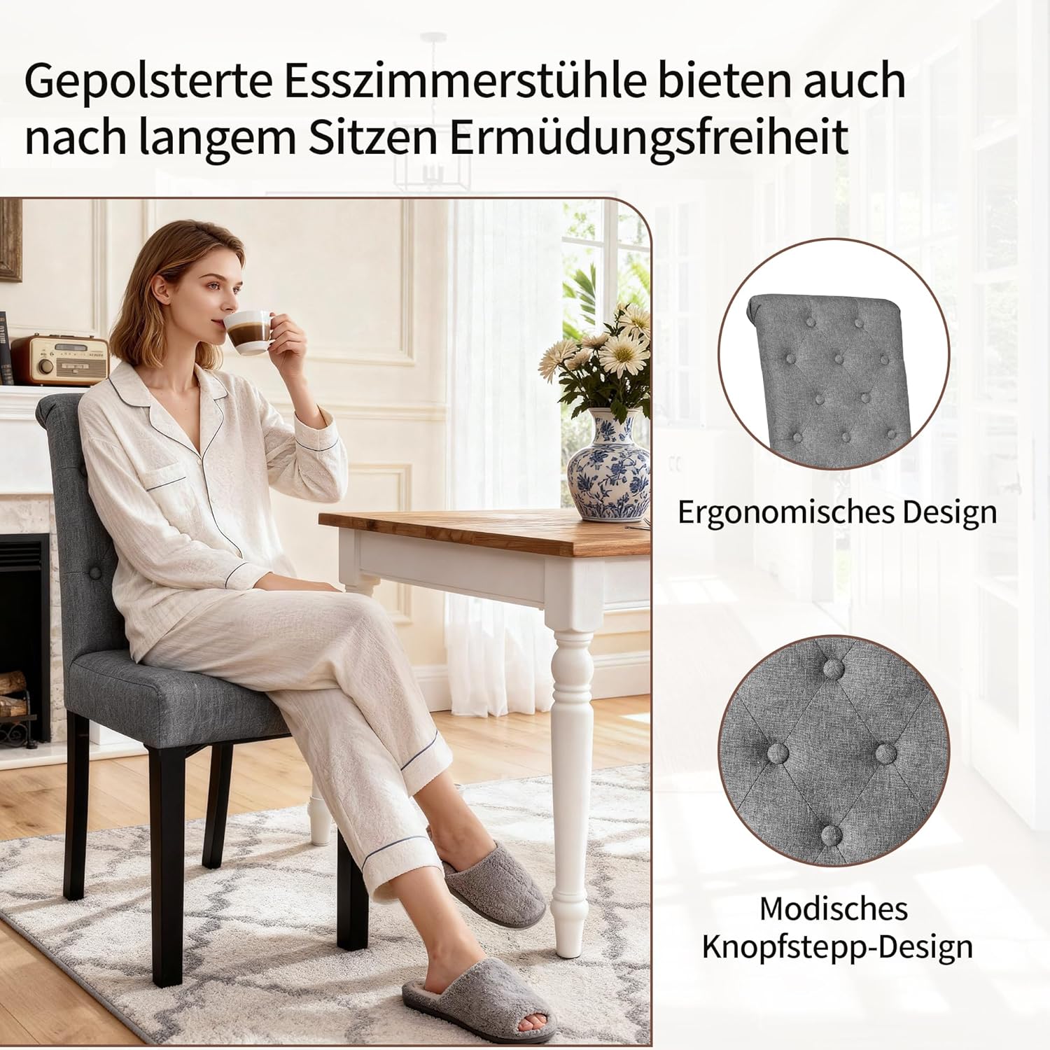 Esszimmerstühle 4er Set, Küchenstuhl Polsterstuhl mit hoher Rückenlehne, Beine aus Massivholz, Leinenoptik Gepolsterte Sitzfläche für Esszimmer, Wohnzimmer, Arbeitszimmer, Dunkelgrau