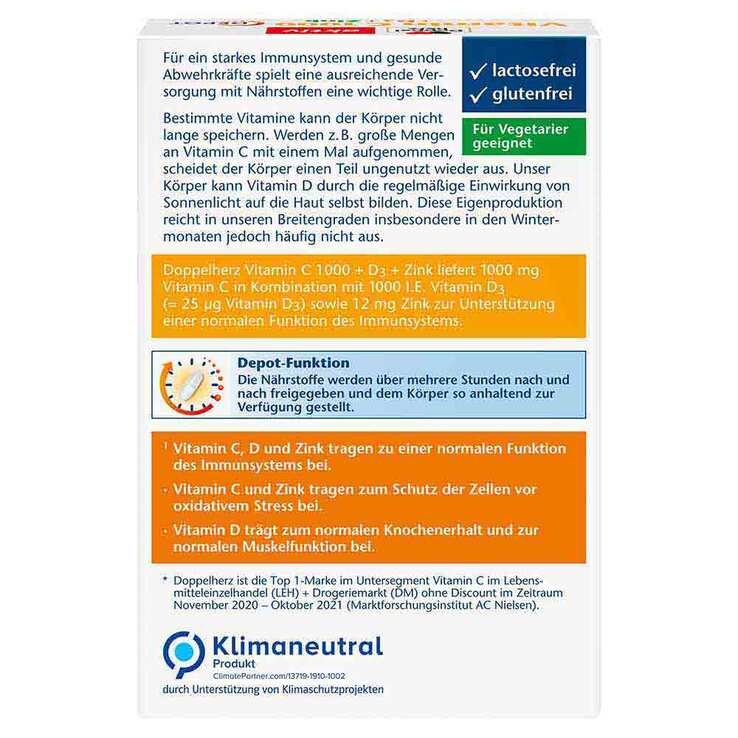 Doppelherz Vitamin C 1000 + D3 + Zink Depot Tabletten, 30 St