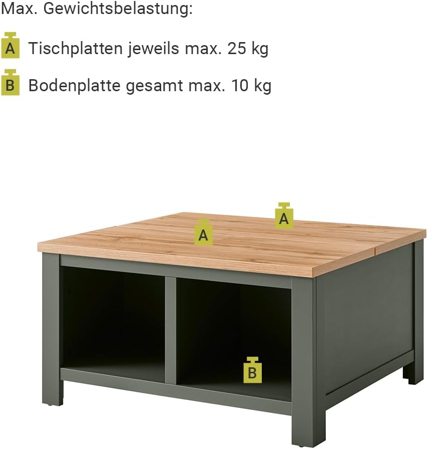Lomadox Landhaus Wohnwand Komplett Set mit Anrichte & Couchtisch, englisch grün mit Wotan Eiche, mit Beleuchtung
