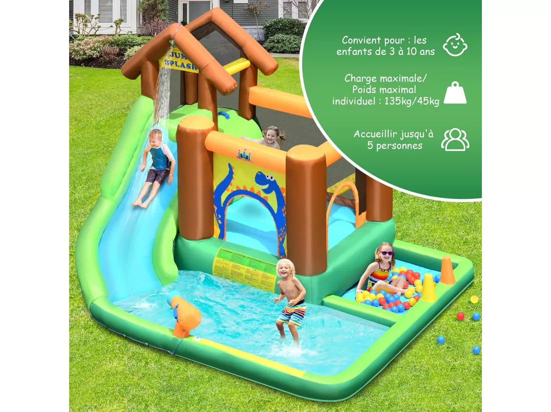 Aire de Jeux Gonflable Enfant avec Souffleur 610W Pataugeoire Mur d'Escalade Canon à Eau Trampoline Intégré Balles Colorées