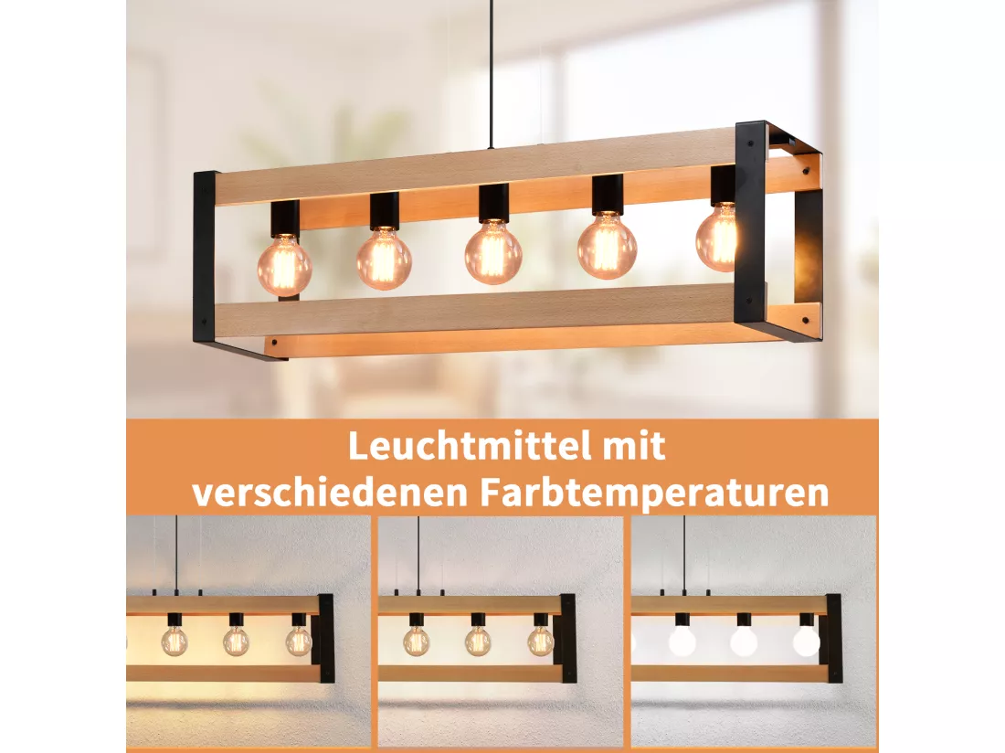 NETTLIFE Suspension lampe de salle à manger vintage en bois noire E27 5 flammes table à manger industrielle