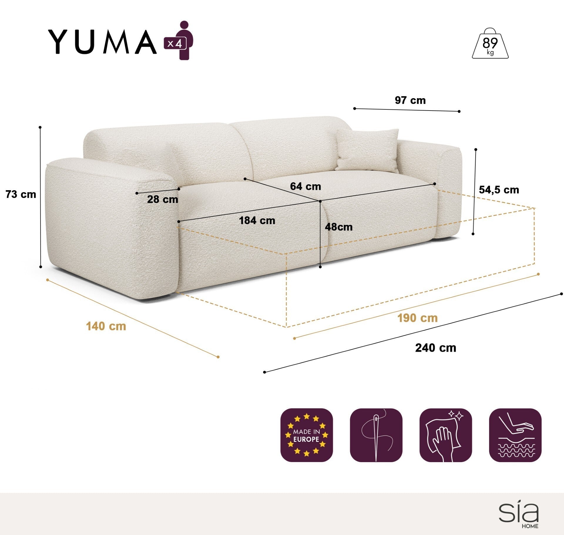 Rechte bank YUMA 4 personen Fluweel met structuur Mol