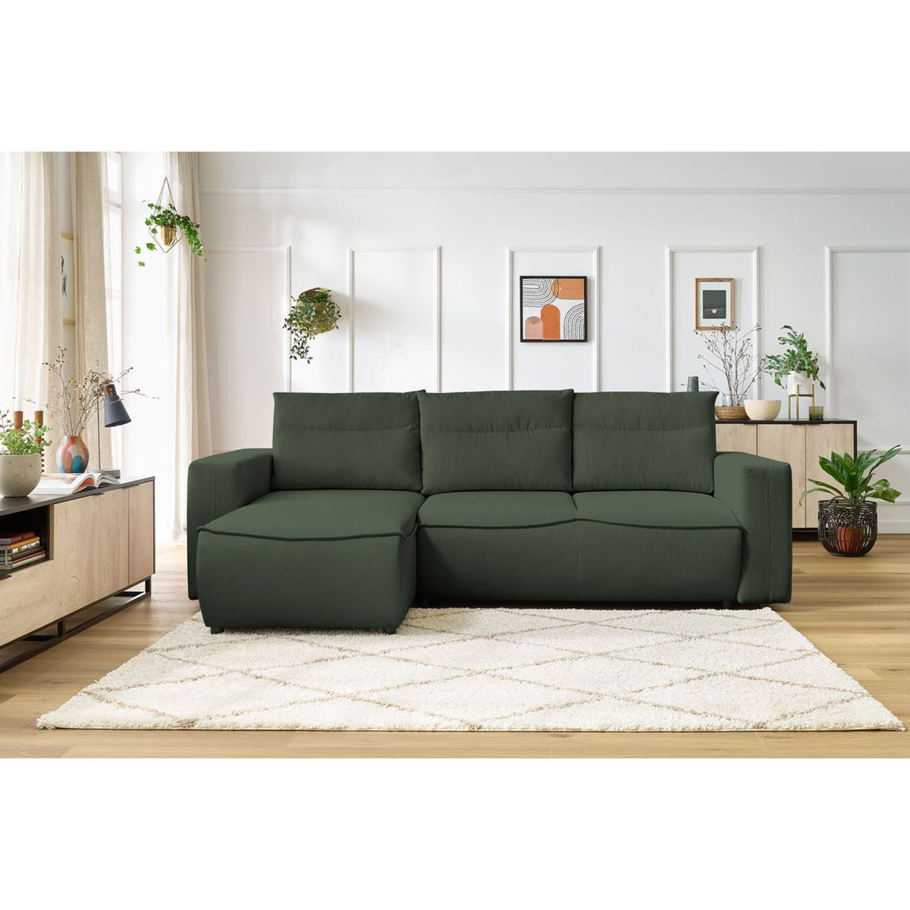 Bobochic Canapé d'angle gauche convertible coffre jasmin velours côtelé vert - 256x158x90 cm