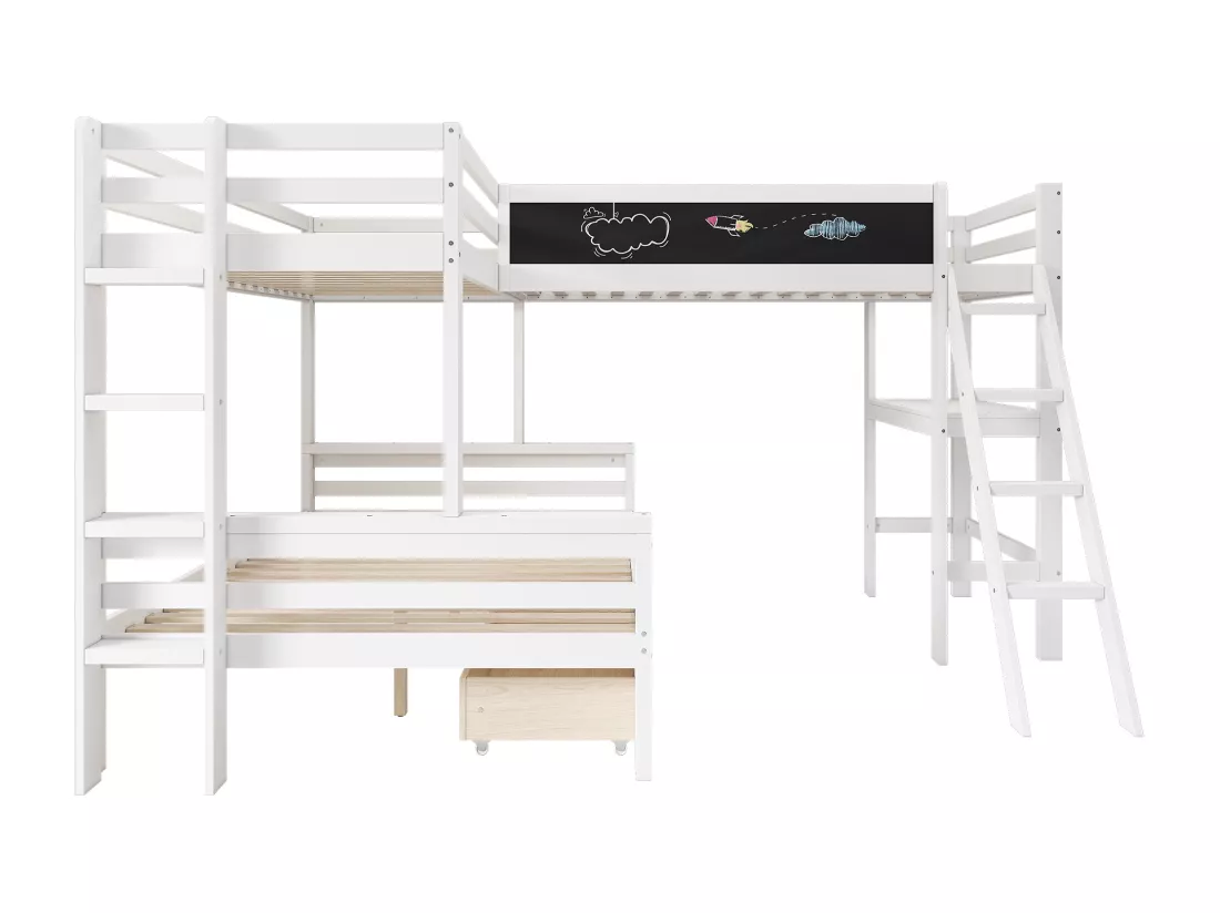 Lit superposé pour enfants avec tiroirs et bureau, lit triple en bois de pin, avec étagère, 140x200 cm1 + 90x200 cm2, blanc, sans matelas