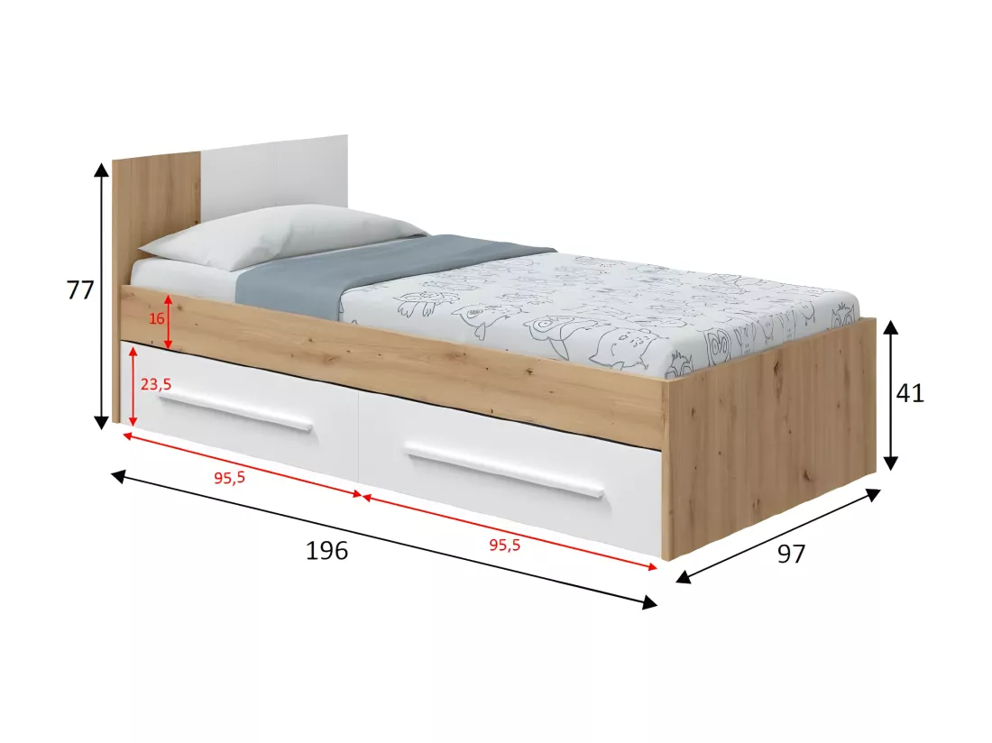 Chambre enfant complète 90x190 Blanc/Chêne - TOZA n°1