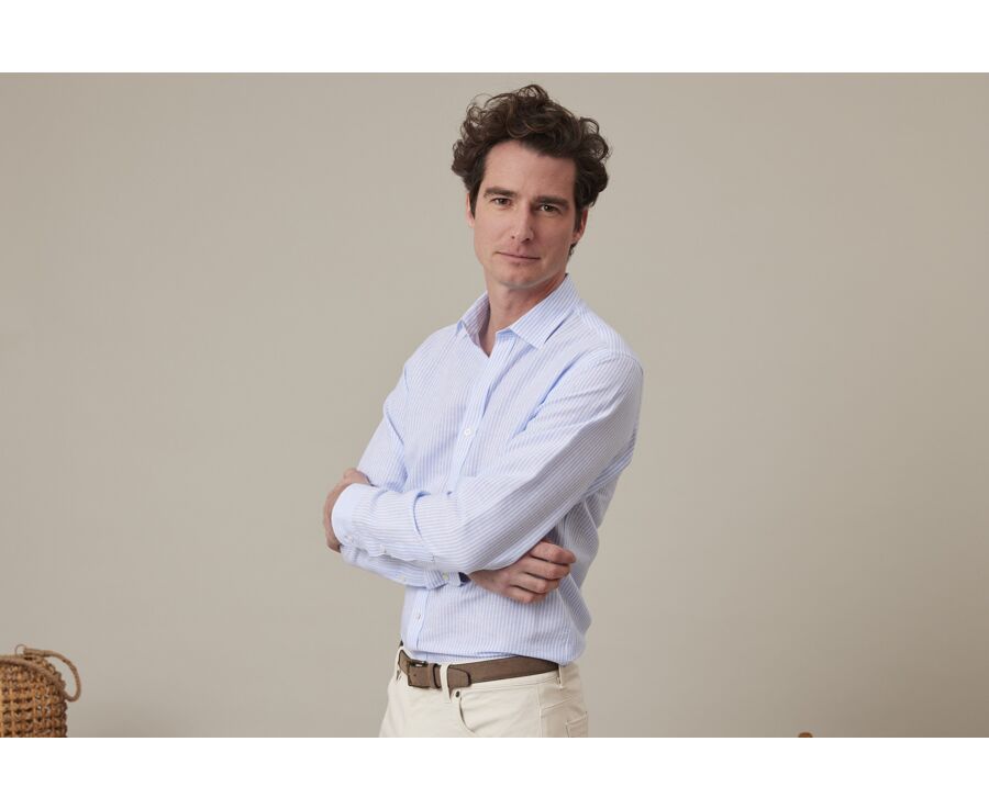 Chemise coton et lin rayures Bleu Ciel et Blanc - EDIBERT