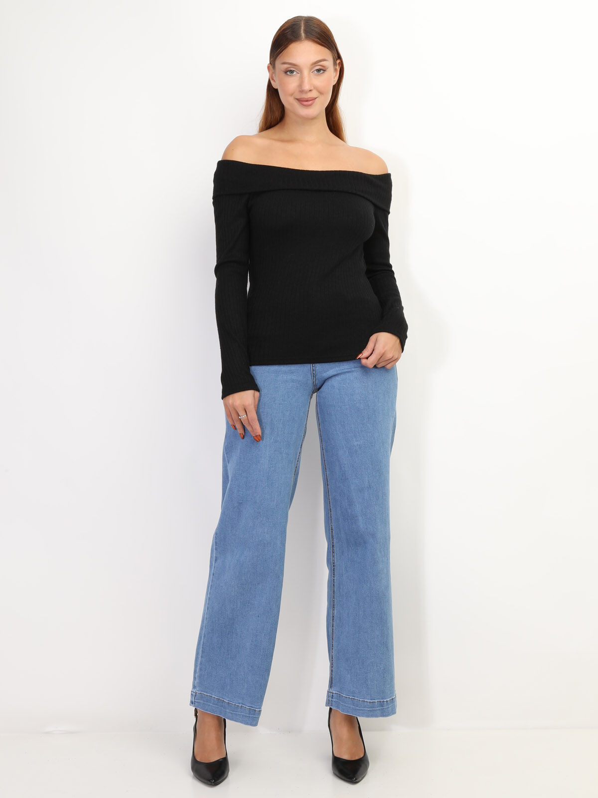 Pull bardot en maille côtelée- Noir