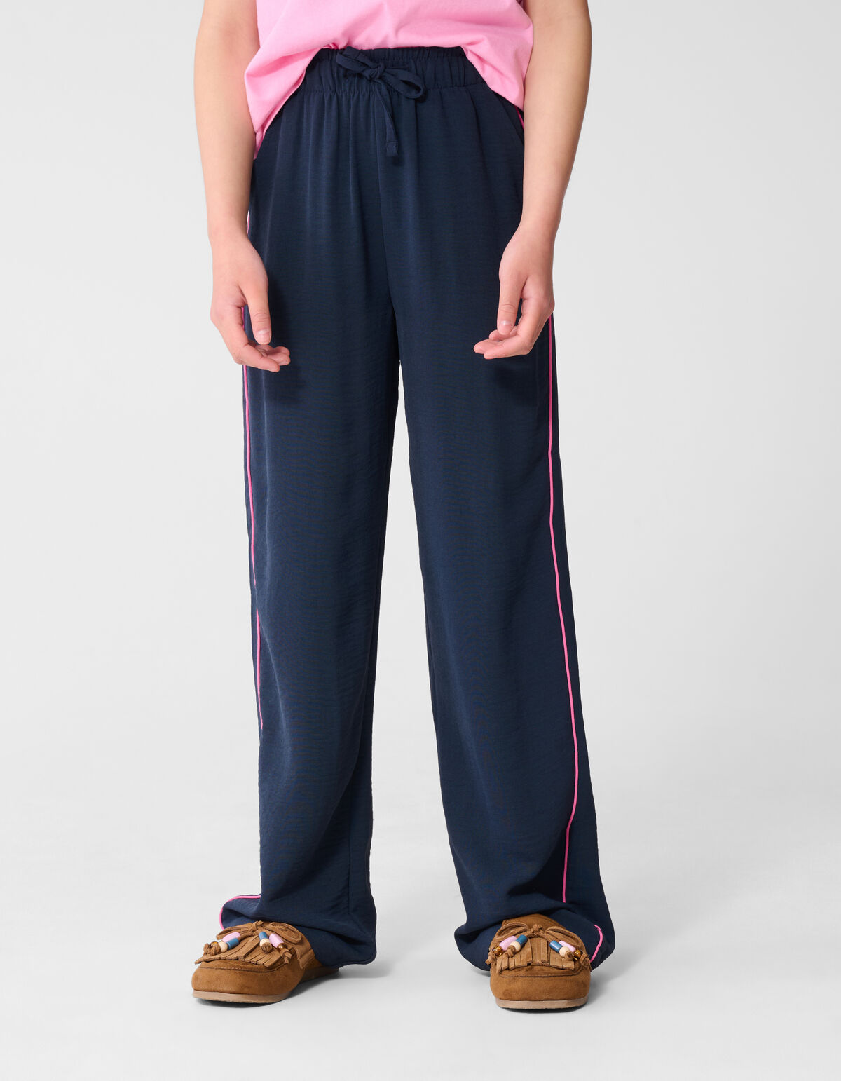 Piping Wide Leg Fit Broek Donkerblauw
