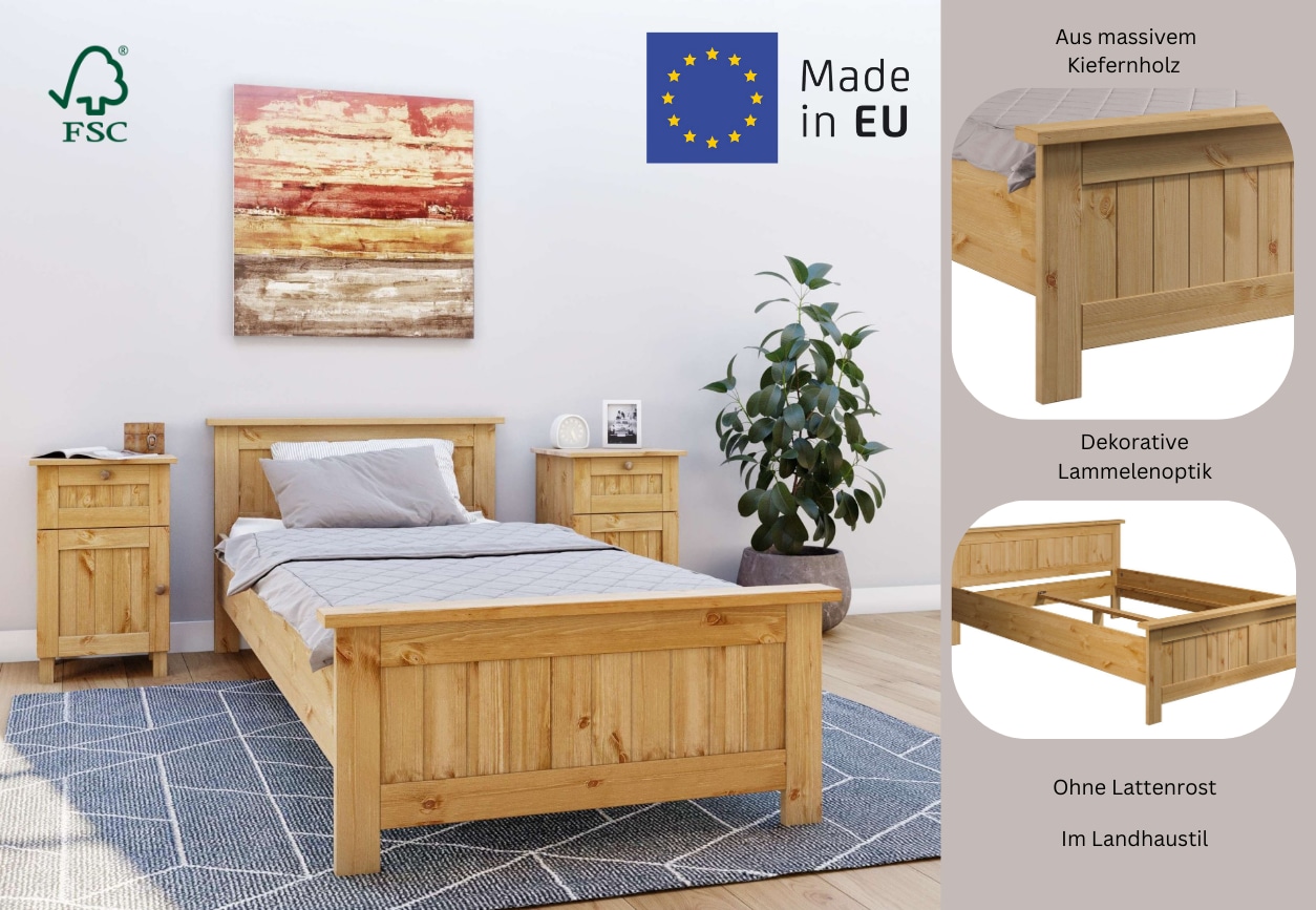 Home affaire Massivholzbett »Juventus, Bett, Massivholzbett, Holzbett, Bettrahmen« Breite/Belastbarkeit 140cm/180 KG,  Breite 90 cm, aus massiver Kiefer, FSC®-zertifiziert