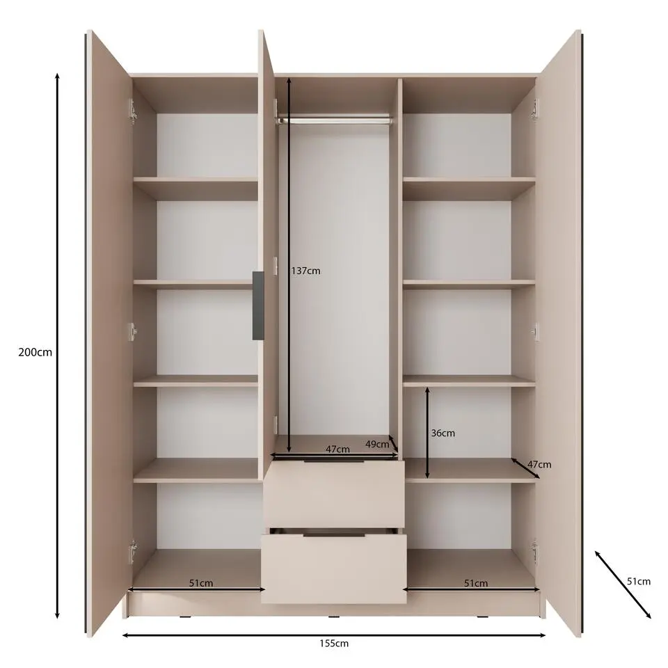 Meubella - Kledingkast Nairobi - Beige - Zwart - 155 cm