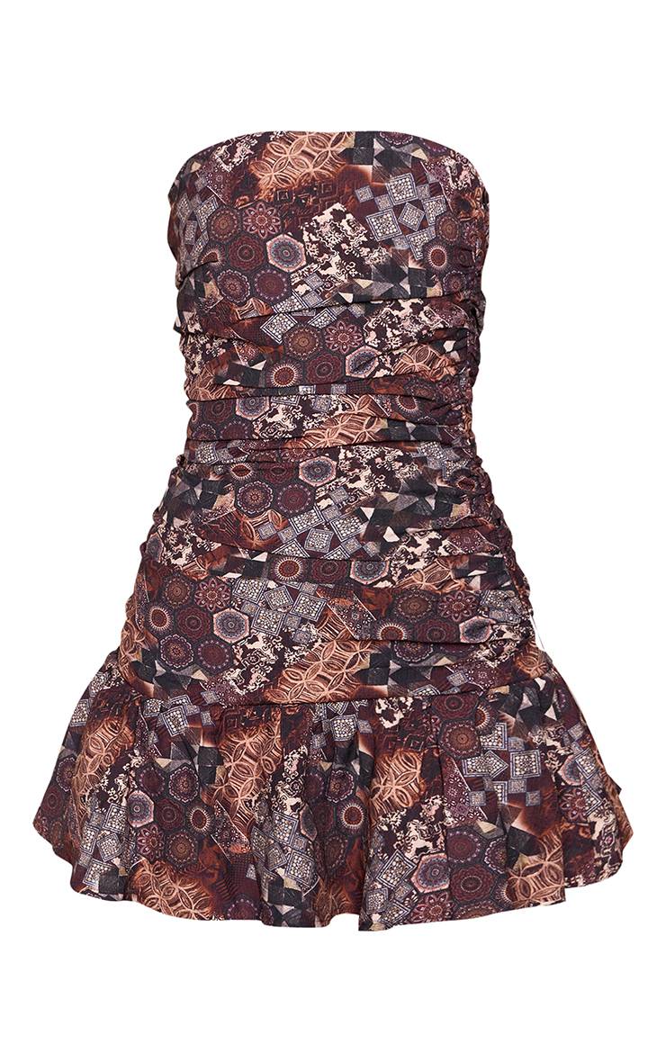 Marron Robe Mini Bandeau Imprimé Cachemire À Ourlet Froncé Tall
