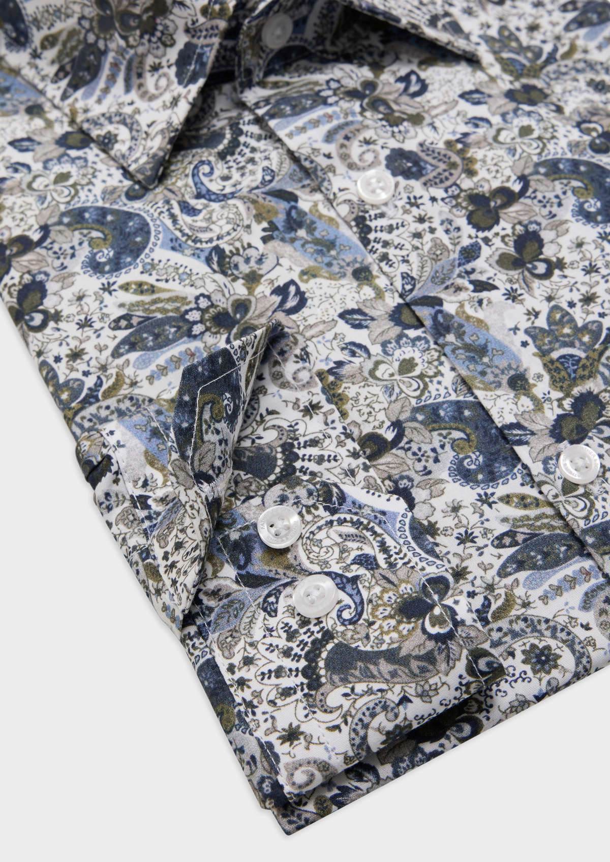 Chemise sport Slim en popeline de coton blanc à motif fleuri kaki et bleu