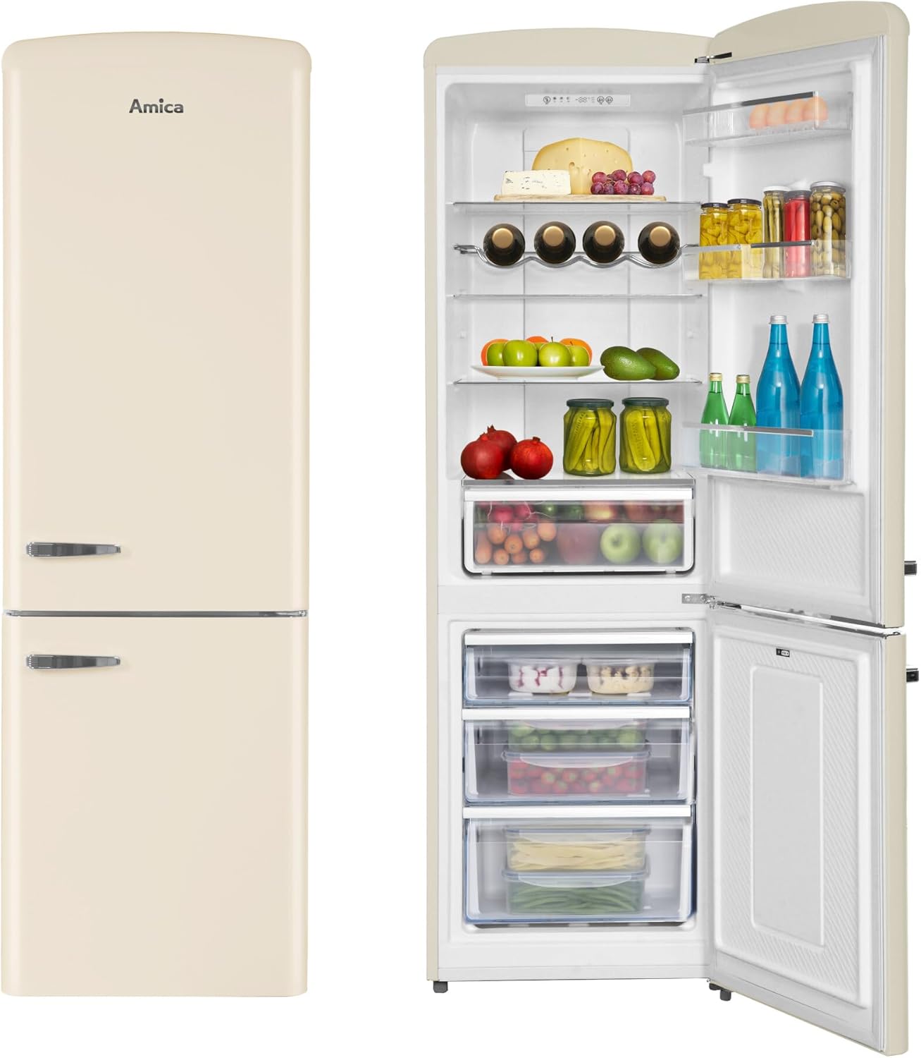 Amica KGCR 387 109 B Retro Kühl-/Gefrierkombination/NoFrost/Beige / 200cm (H) x 60cm (B) x 73cm (T) / Retro-Design/Kühlschrank mit Gefrierfach