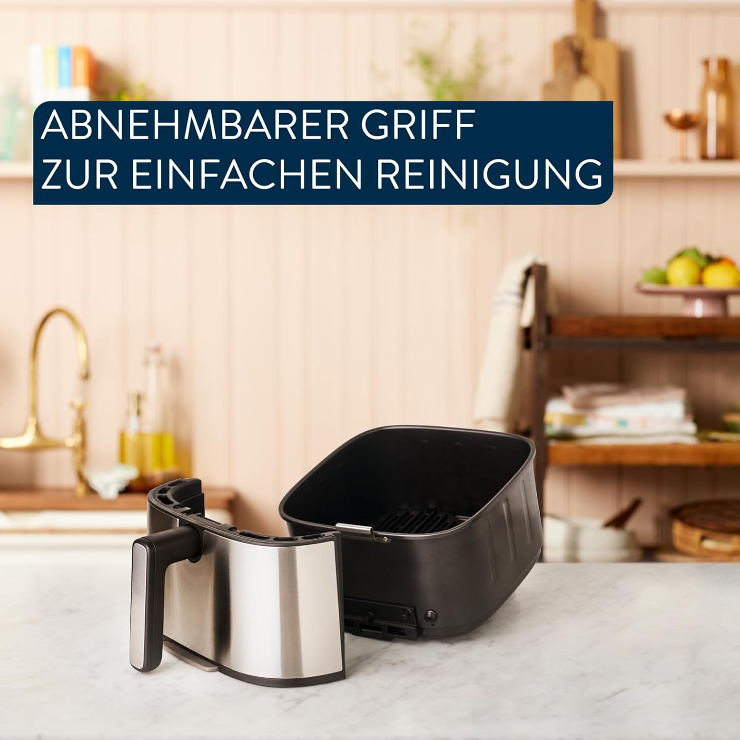 Jamie Oliver by Tefal Easy Fry Silence Deluxe Heißluftfritteuse, sehr leise, 10 voreingestellte Programme, digitaler Touchscreen, 5 l, inkl. Druckguss-Gitterrost + Deckel, Schwarz/Edelstahl, EY55JDE0