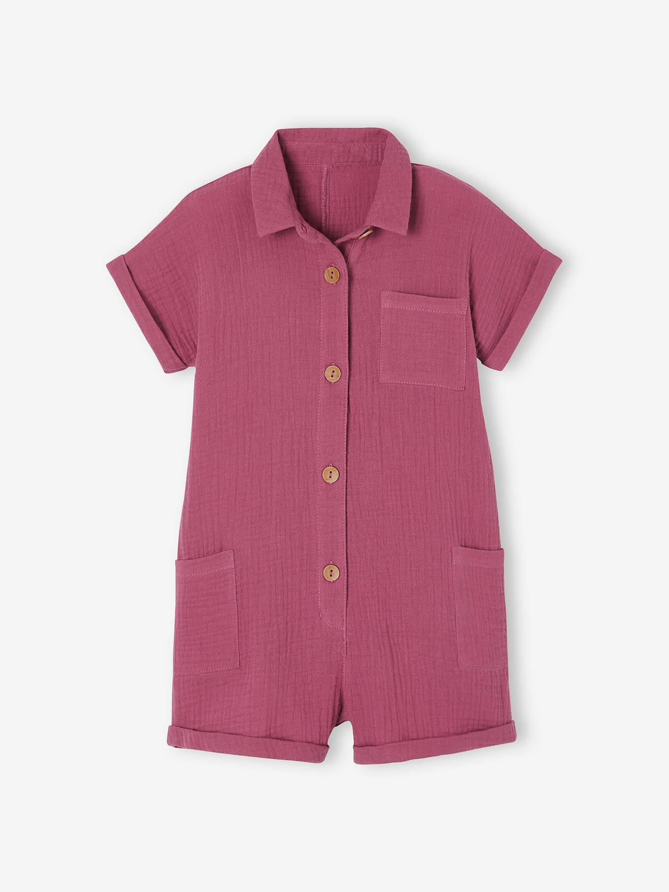 Macacão rosa peônia em chiffon de algodão para meninas