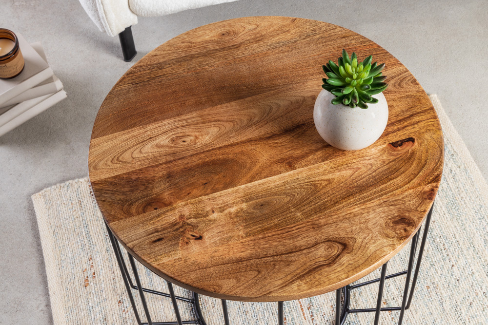 Runder Couchtisch FACTORY LOFT 50cm natur Mangoholz schwarzes Metallgestell handmade