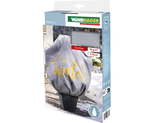 Winterbeschermingsvlieshoes Windhager decoratieve hoes Protect XL 1,1 x 1,1 m, grijs met Hello Winter-motief, vlies 50 g/m² met trekkoord