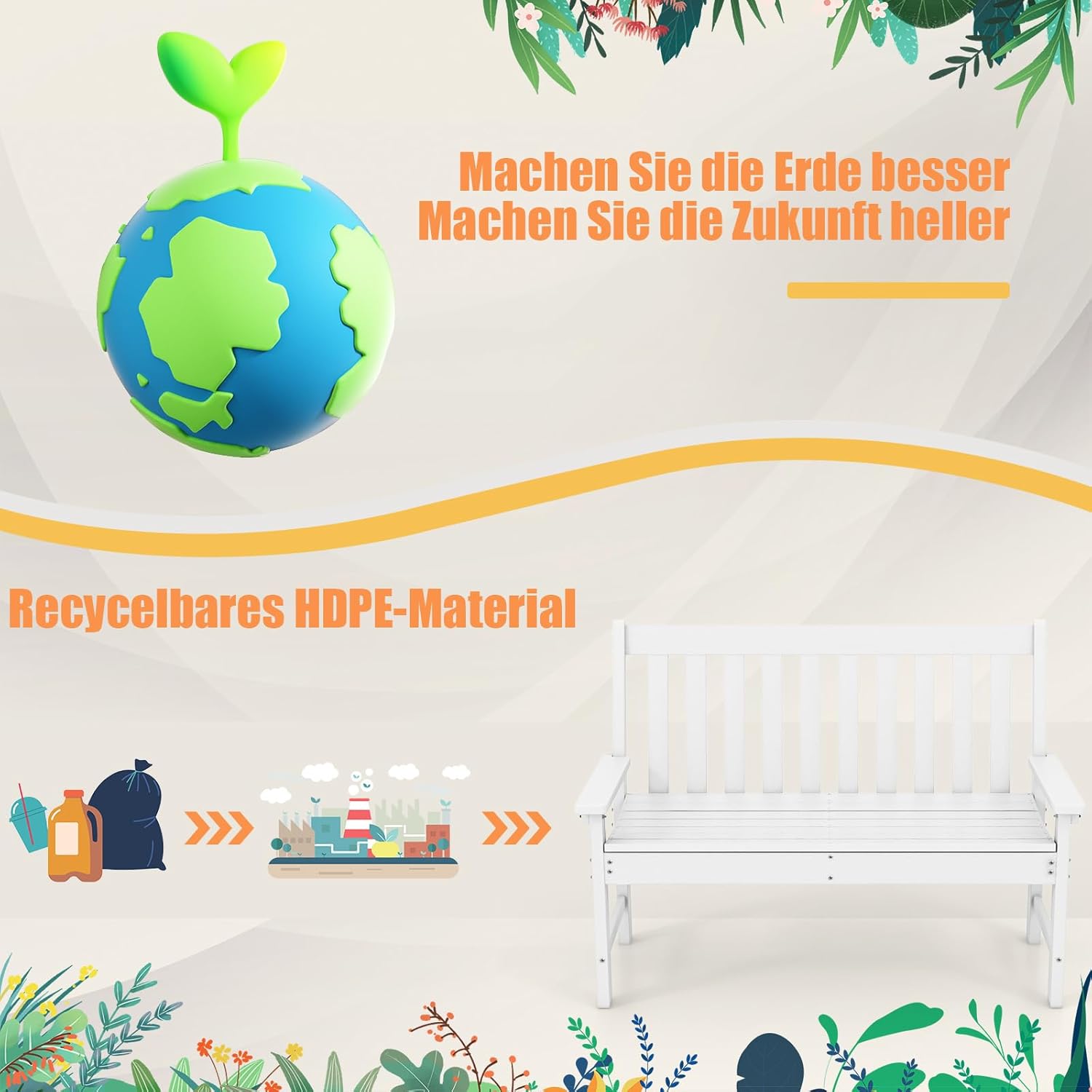 COSTWAY Gartenbank wetterfest, Allwetter-Sitzbank aus HDPE, Parkbank für 2-3 Sitzer, Balkontank bis 320kg belastbar, Terrassenbank für Garten, Balkon und Terrasse, 132 x 65 x 91 cm (Weiß)