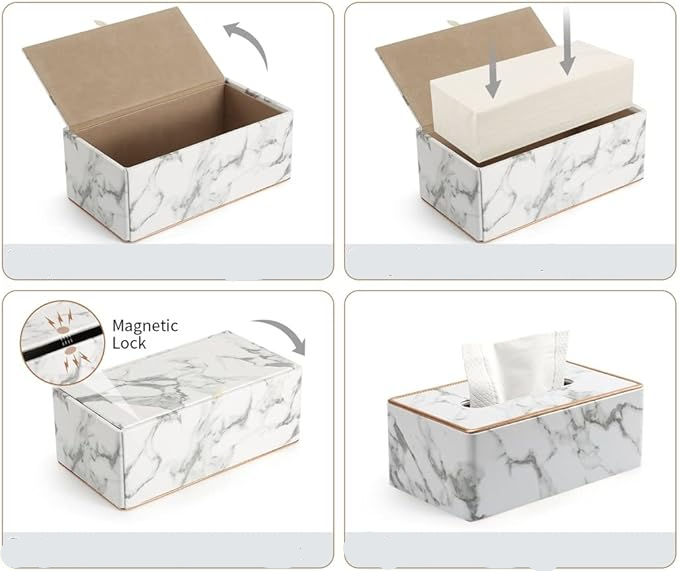 (25x14cm) Leder Taschentuch Spender Home Nastuch Dispenser Kosmetik Tuch Aufbewahrungs Box im Marble Marmor Design - Weiss