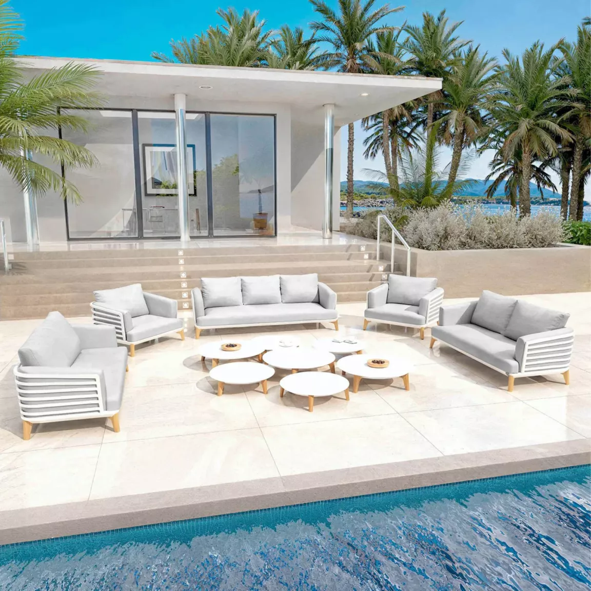 Salon de jardin aluminium 9 places 12 pcs Monte Carlo Blanc et gris clair