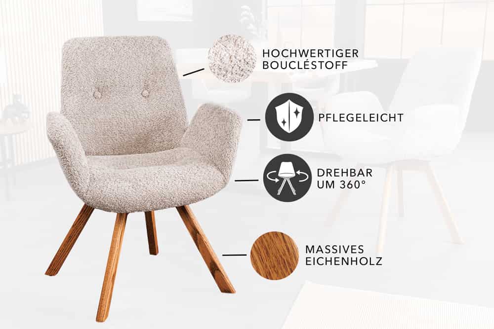 riess-ambiente Stuhl BALTIC - drehbar beige Bouclé natur Eiche Massivholz-Beine mit Armlehne