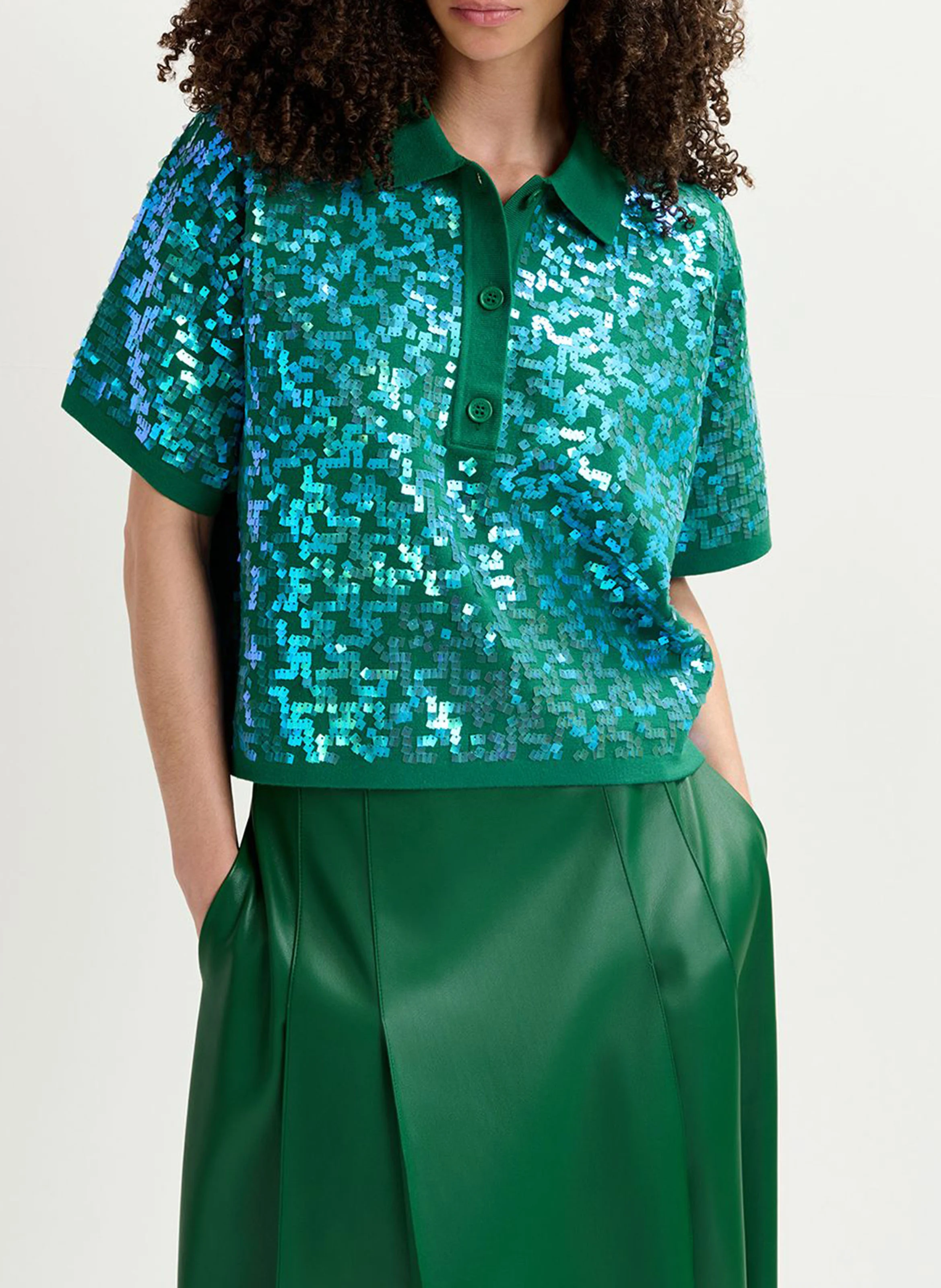GLITZ - Top col polo à sequins | Vert