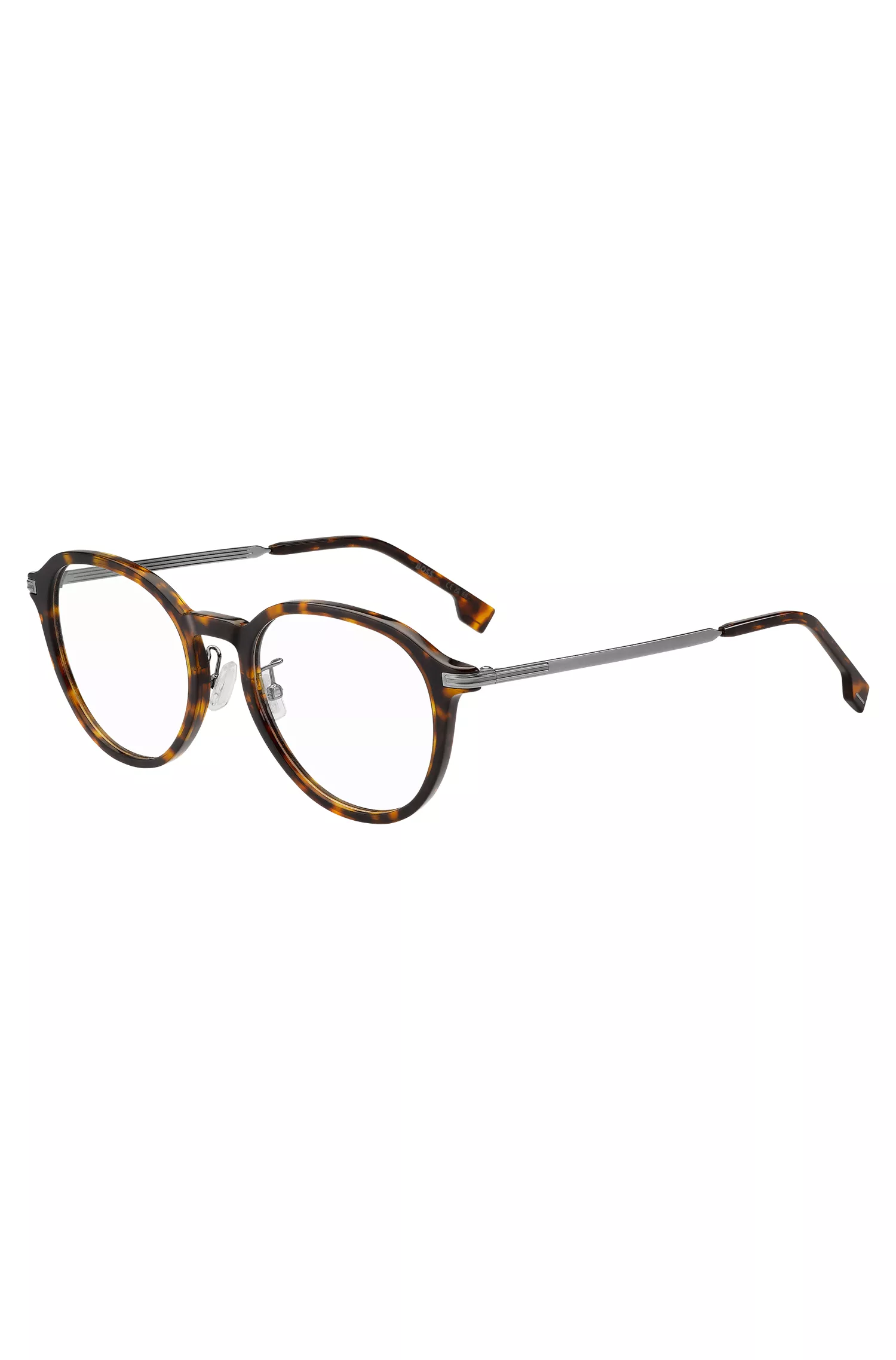 Armação de óculos BOSS em acetato preto Havana com detalhes exclusivos.