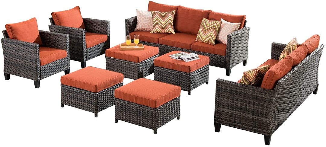 Patio Furniture 8 PCS Hight Back Outdoor Furniture Sets Modern Wicker Patio Furniture Conversation Sets with 4 Pillows All Weather Garden Patio Sofa